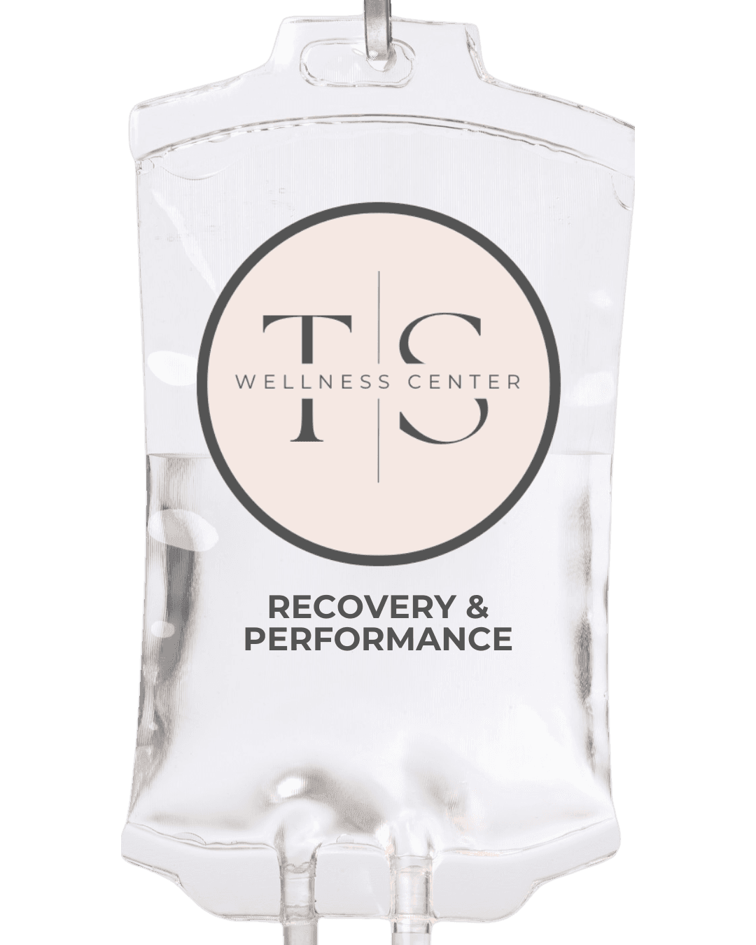 Clear IV bag labeled with TS Wellness Center, Recovery & Performance, promoting health and wellness.