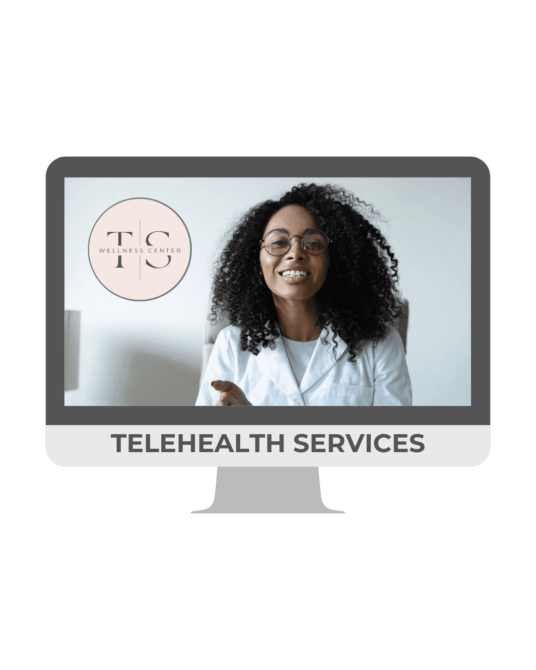 Telehealth services screen showing a person in a white coat with the TS Wellness Center logo.